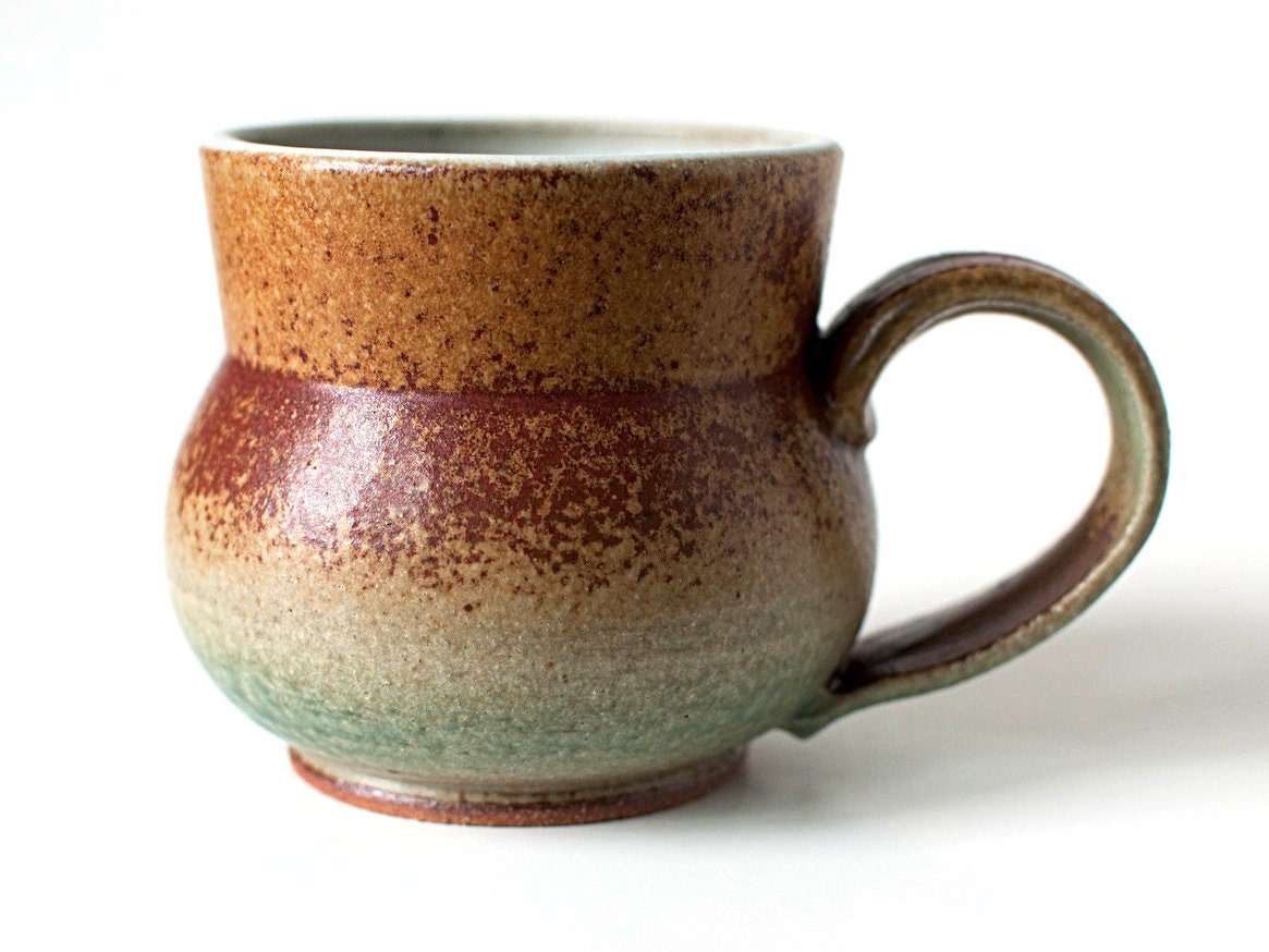 Rustic Mug, Stoneware, Brick Red and Teal, 14 Ounces