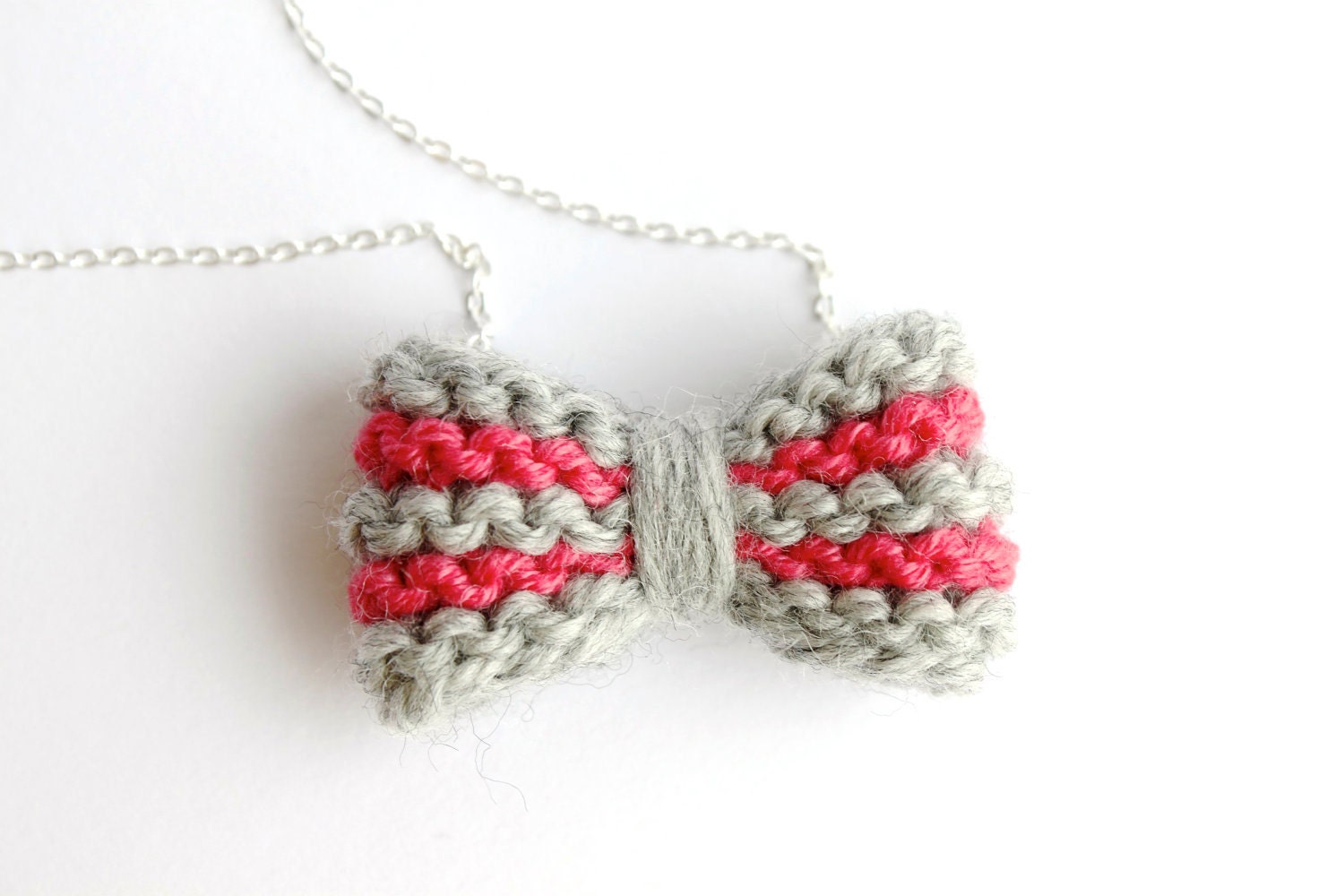 Bow necklace knitted in stripes bubblegum pink and grey: READY TO SHIP