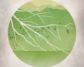 Japanese Art Print, Lime Green, Landscape Mountains Birds Trees, Minimal Mid Century - evesand