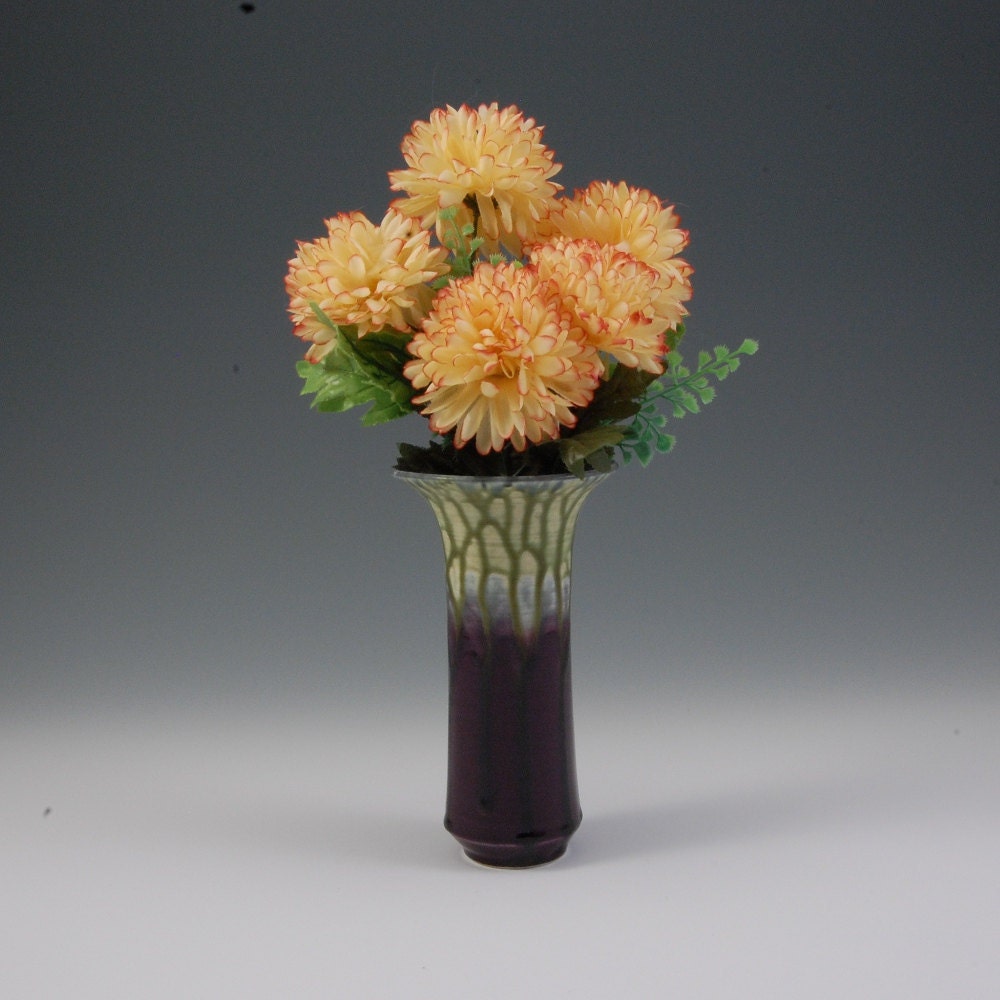 Wall Pocket Flower Vase Medium  Eggplant Purple Fern Green Pottery Porcelain Wheel thrown by Mark Hudak
