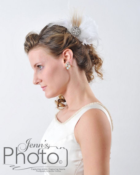 hair bridal accessories,  Feathered headpiece brooch, Crystal Brooch Bridal Headpiece, white feathers with bleached peacock feather