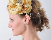 hair bridal accessories, Ivory, khaki peony with crystal brooch center fascinator, Bridal floral headpiece on berry adorned headband
