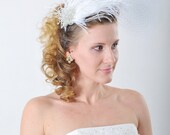White Feathered Veil Fascinator with Swarovski brooch Bridal Headband, Bridal Headpiece TREASURY FEATURED Five times