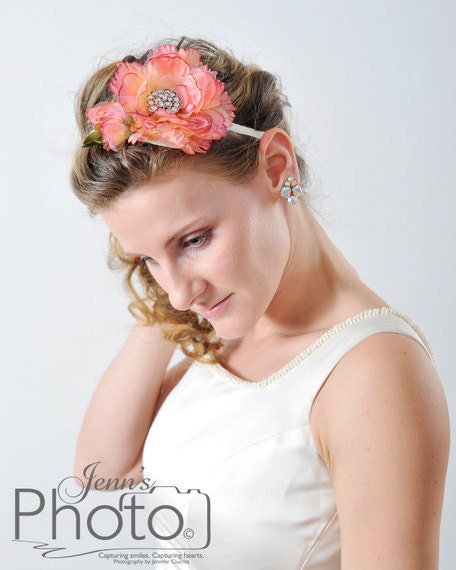hair bridal accessories, Peach Bridal flower headpiece with crystal brooch center, fascinator, TREASURY FEATURED