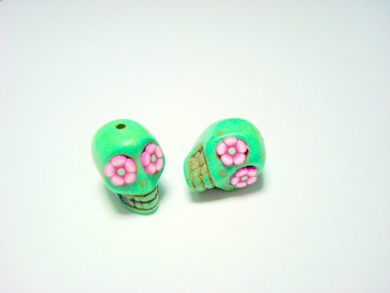Green and Pink Flower Eyes in Day of The Dead Sugar Skull Beads-12mm