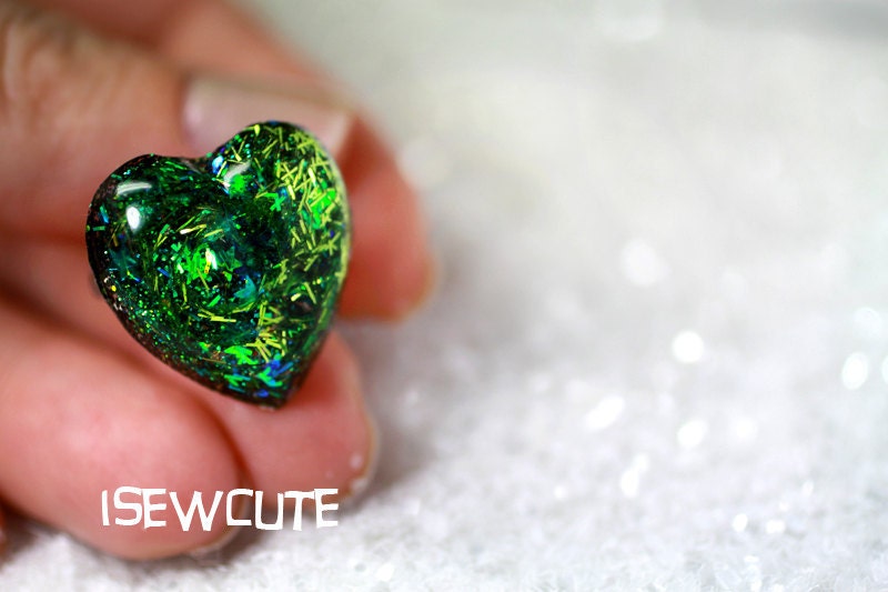 Most Fabulous Glitzy Green Glitter Heart Resin Ring in Emerald City Green Handmade With Love