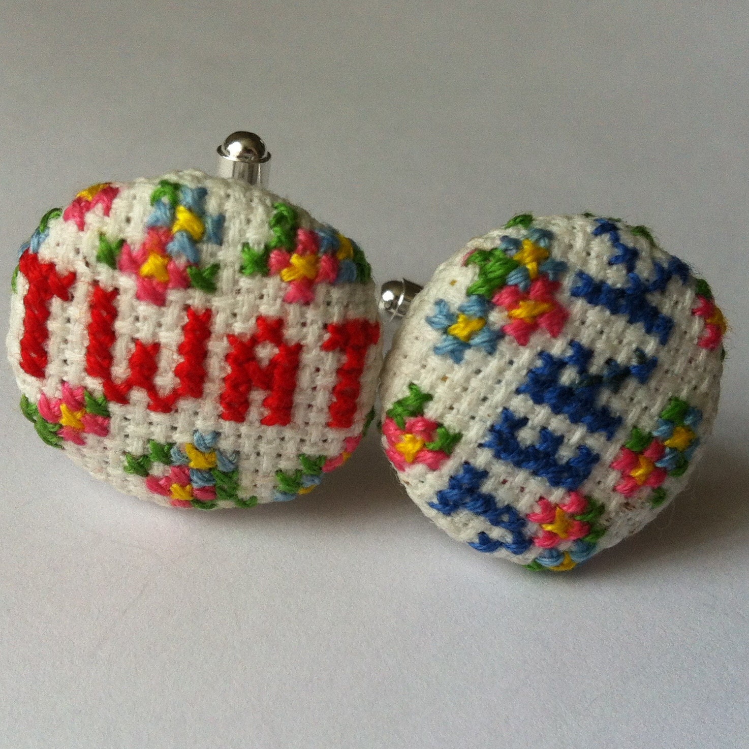 Rude Word Cuff Links - Embroidered in Cross Stitch with Floral detail