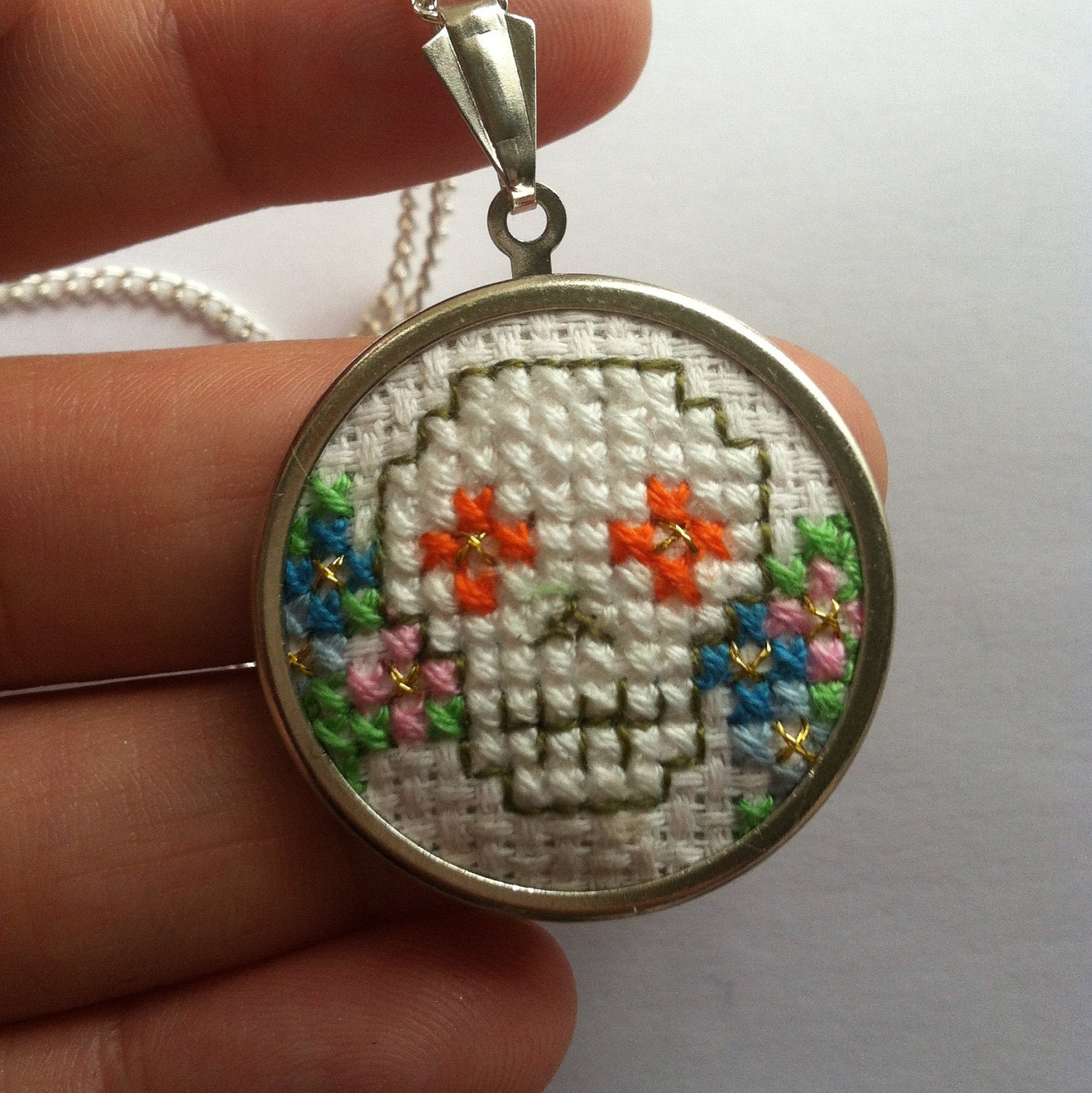 Day of The Dead Mexican Sugar Skull Cross-stitch Silver Necklace with Flowers