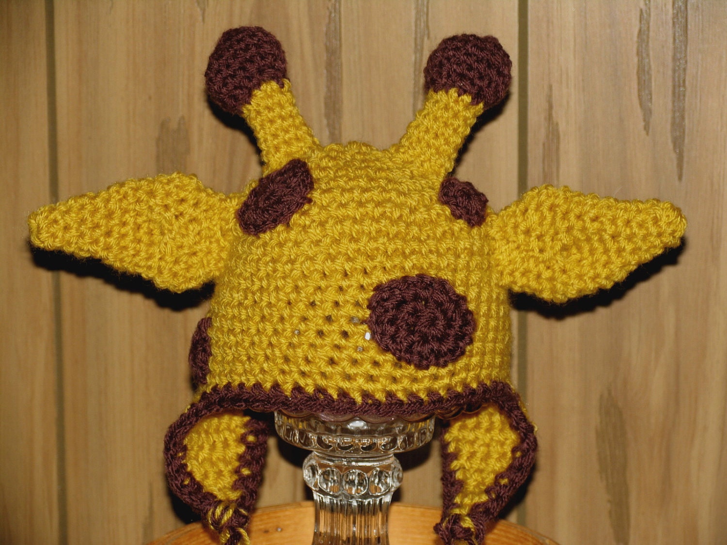 3 to 6 Month  - Hand Crocheted Giraffe Hat with Ear Flaps and Braids - Gold with Brown Accent