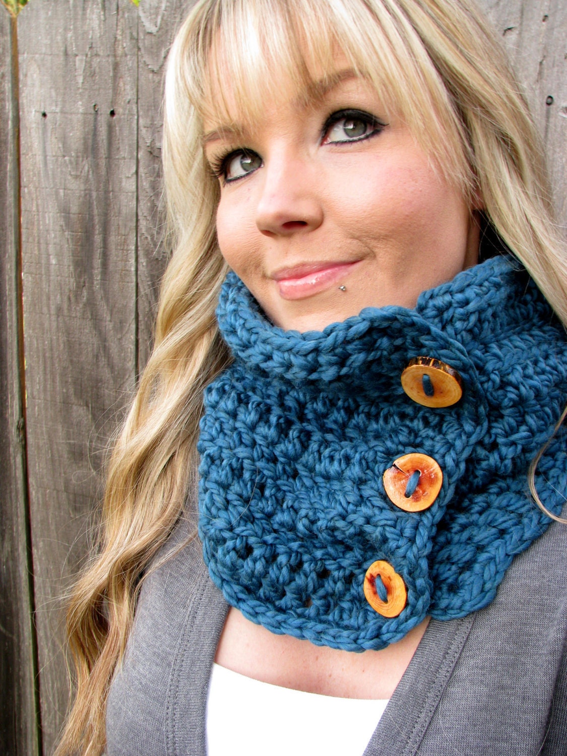Lamb's Wool Collection - Plush Wool Cowl Scarf In Thunder Blue with Handmade Reclaimed Wood Buttons - Adjustable - Unisex