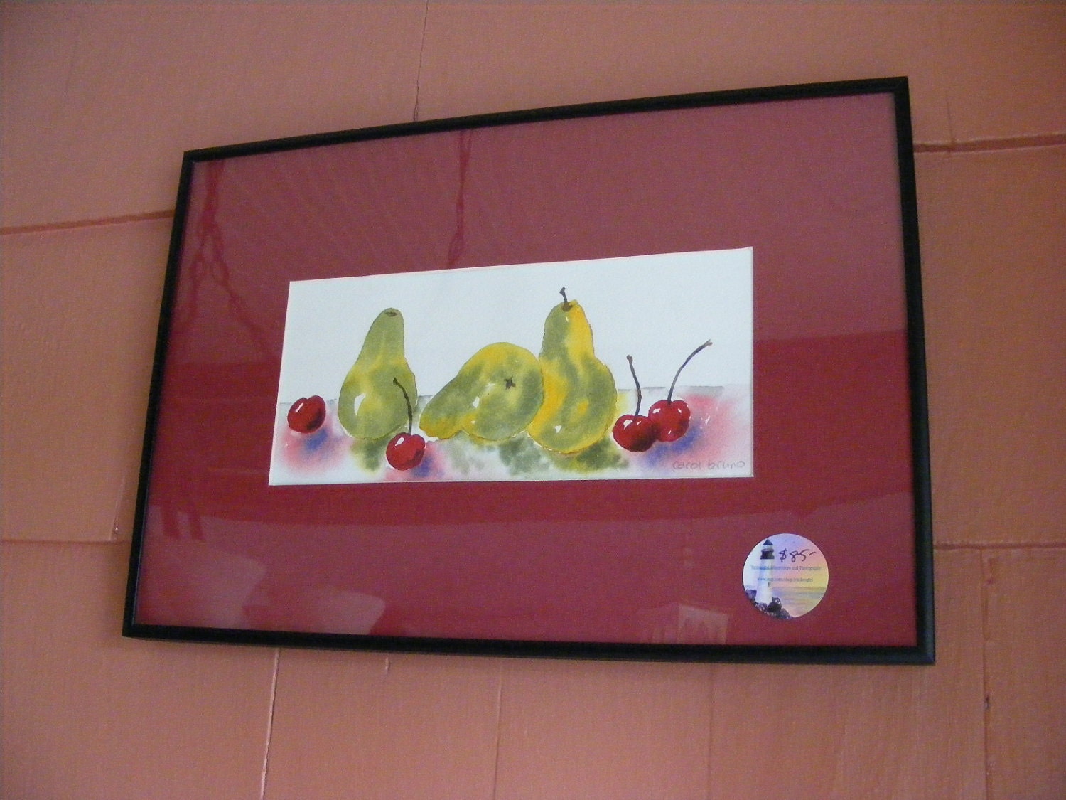 Pears and Cherries Reflections-Original Watercolor Painting Perfect for a Kitchen-Matted and Framed