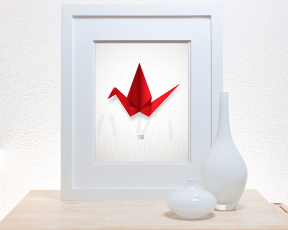 Origami Crane Print - 11x14 modern decor wall poster art paper folding office japanese asian inspired bird cattail flight subtle vibrant red - noodlehug