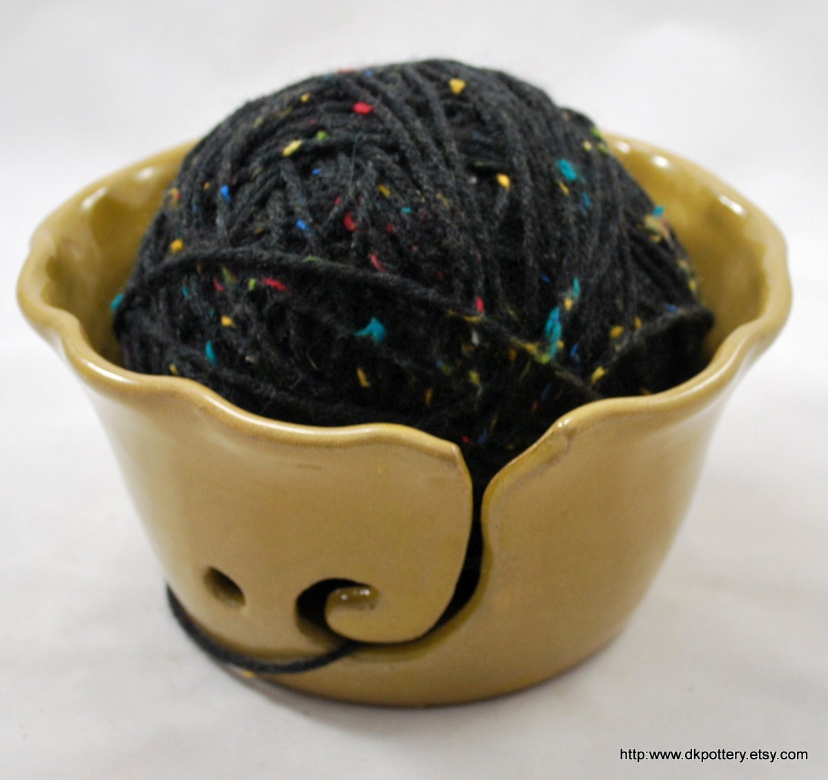 Ruffled Rim Yellow Crochet or Knitting Bowl Stoneware Pottery
