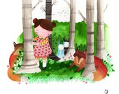 Girl and Foxes - Print - Woodland - Kawaii - Kids Deco