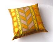 silk throw pillow cover - home decor tribal vintage Vera scarf cushion / 1970s handpainted in gold orange chevron (only 1 - ready to ship)