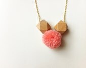 Shapes & Textures Geo Necklace - Bright Pink Pom Pom w/ Geometric Natural Wood Beads - Spring Statement Necklace