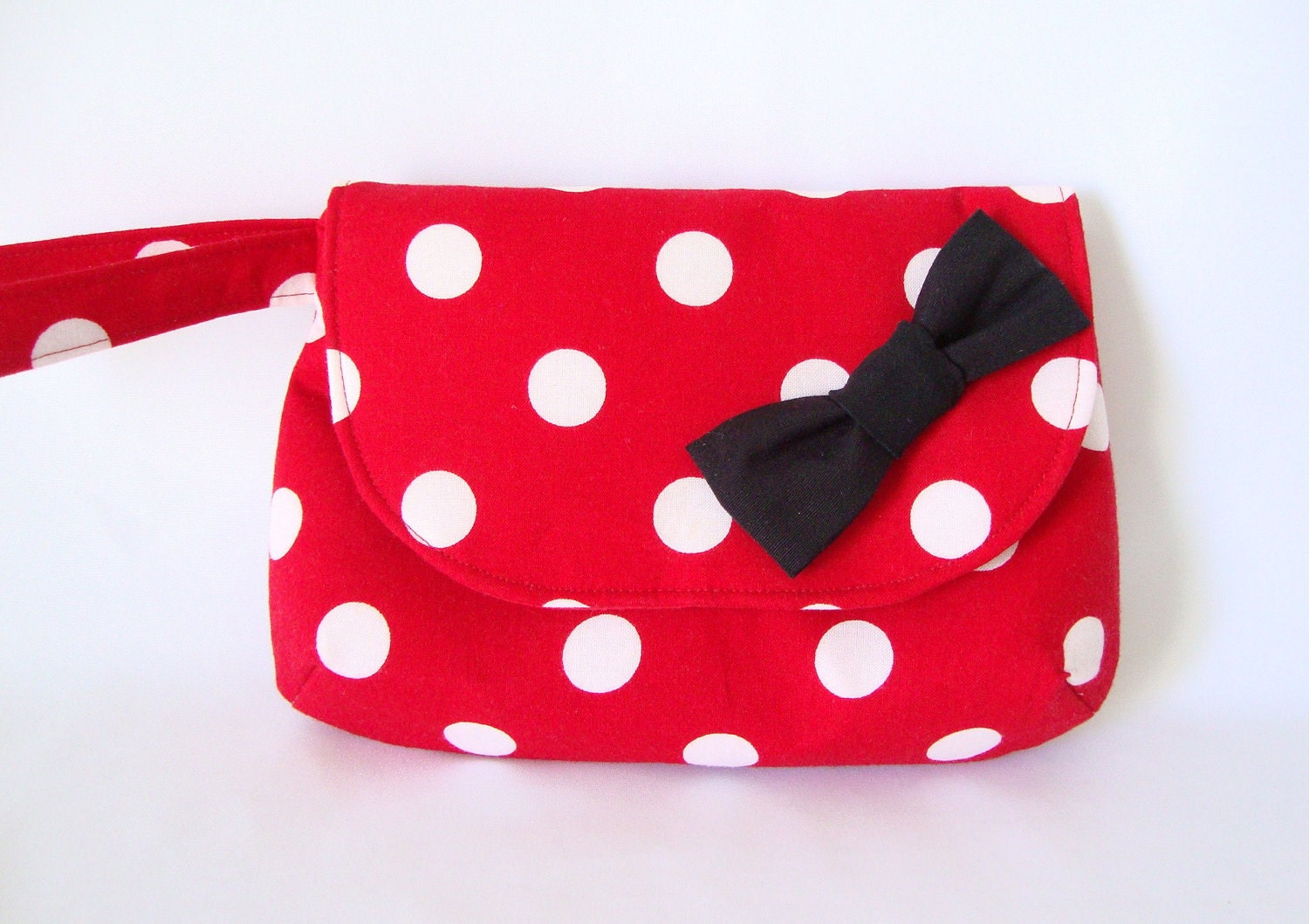 Wristlet Clutch in Red White Polka Dots with Black Bow - PoshPursesBoutique