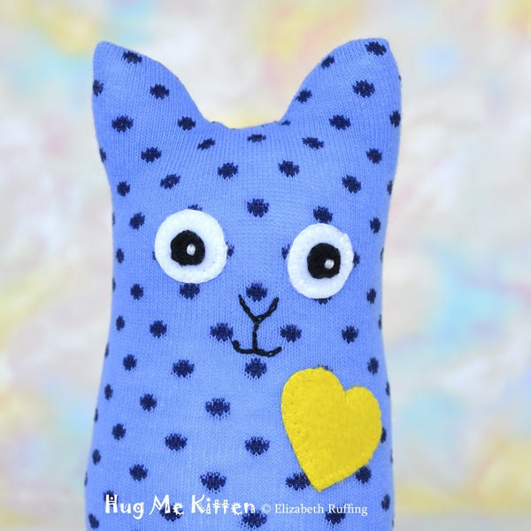 Hug Me Sock Kitten with Personalized Hang Tag, Original Art Toy by Elizabeth Ruffing, 8 inch, Blue and Yellow, Ready-made