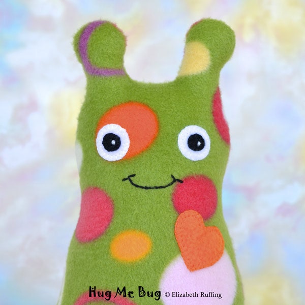Hug Me Bug with Personalized Hang Tag, Original Art Toy by Elizabeth Ruffing, 9 inch, Fleece, Olive Green Polka Dot, Ready-made