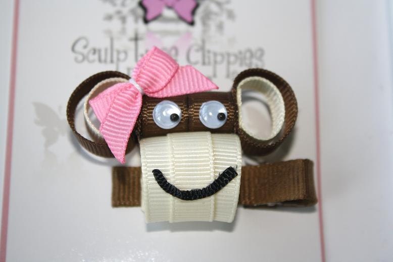 Boutique Monkey Sculpture Ribbon Hair Bows. Zoo Animal Ribbon Sculpture Clips. Free Ship Promo.