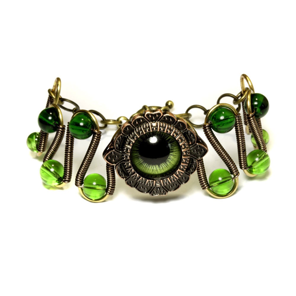 Steampunk Jewelry - Green Beholder Eye Bracelet