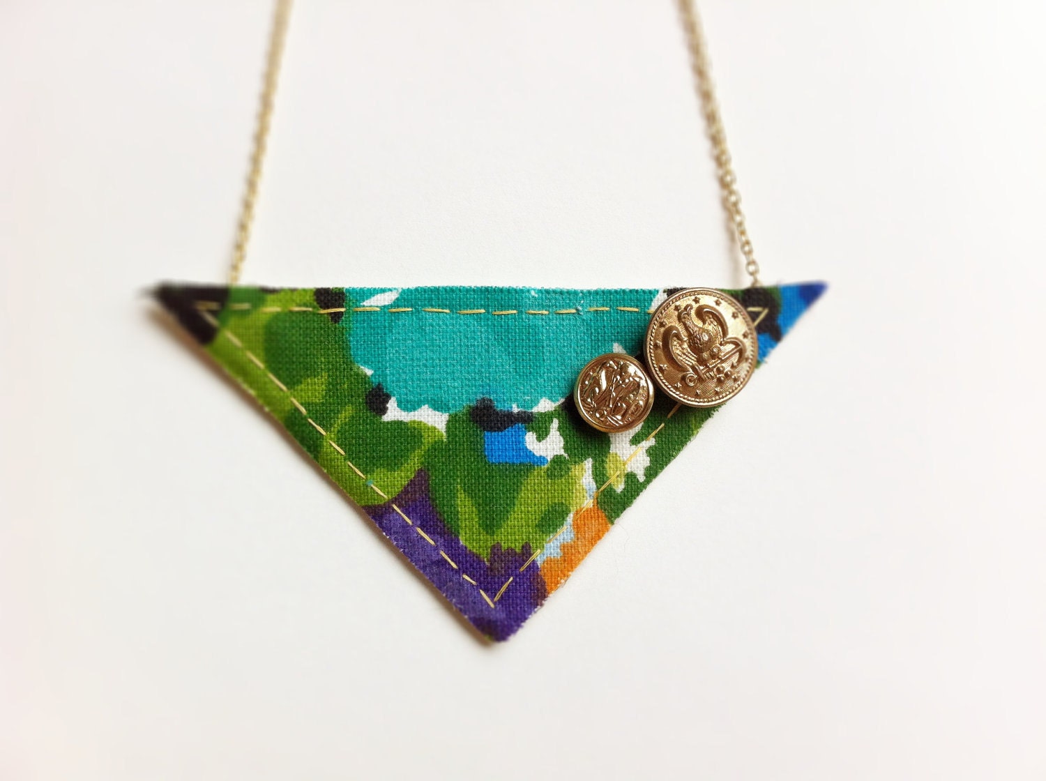 Geometry Class Necklace - Bright Geometric Triangle Necklace in Vintage Neon Floral Fabric