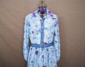 vintage 70s Dress - Semi Sheer Blue Floral Garden Dress Sz S M