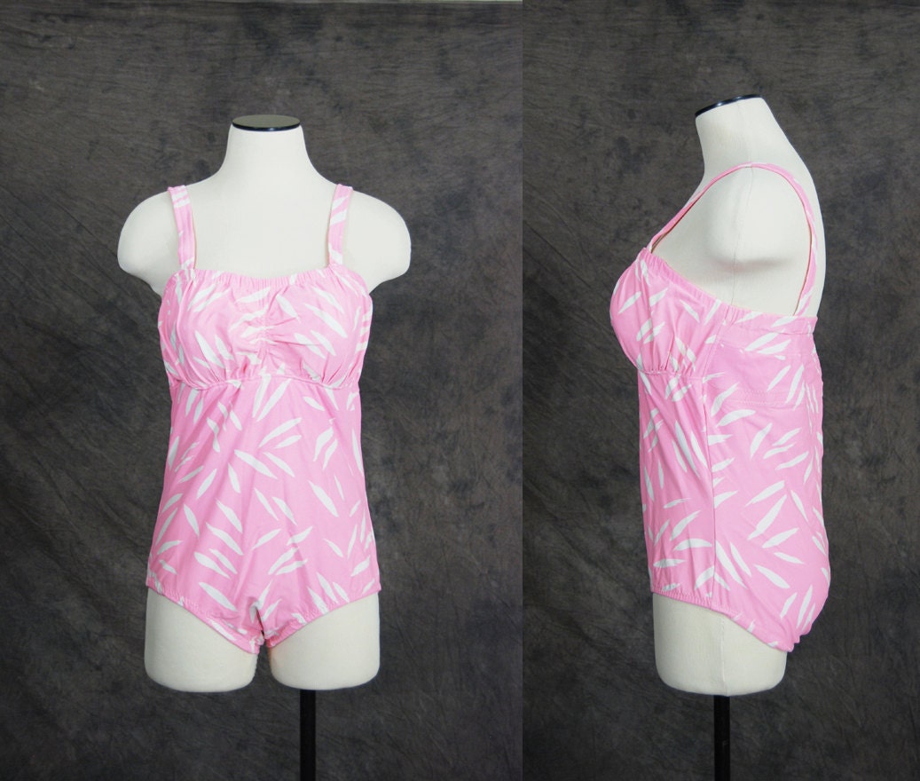 vintage 60s Bathing Suit - Pink Brushstroke One Piece Swimsuit Sz L XL