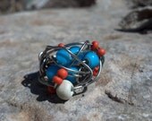 Scattered Alpaca Silver Ring turquoise white heart, orange and cream square beads size 5