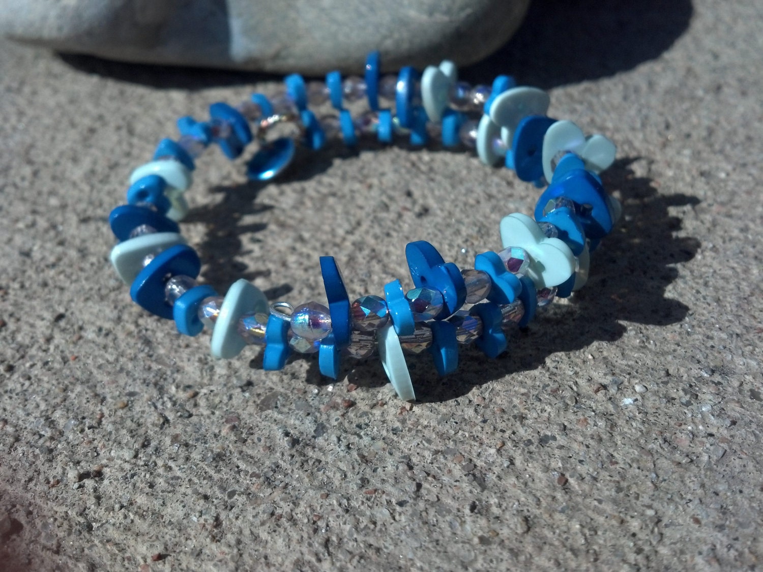 Buttons and Crystals beaded loop wrap bracelet in blues