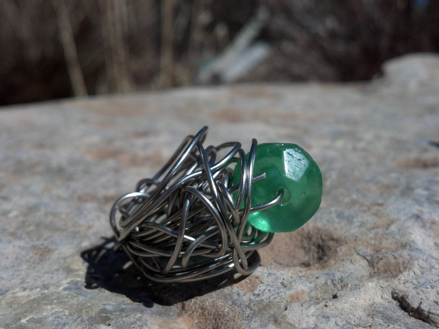 Vintage Vaseline Green Glass and Alpaca Silver Nebulus Ring size 5