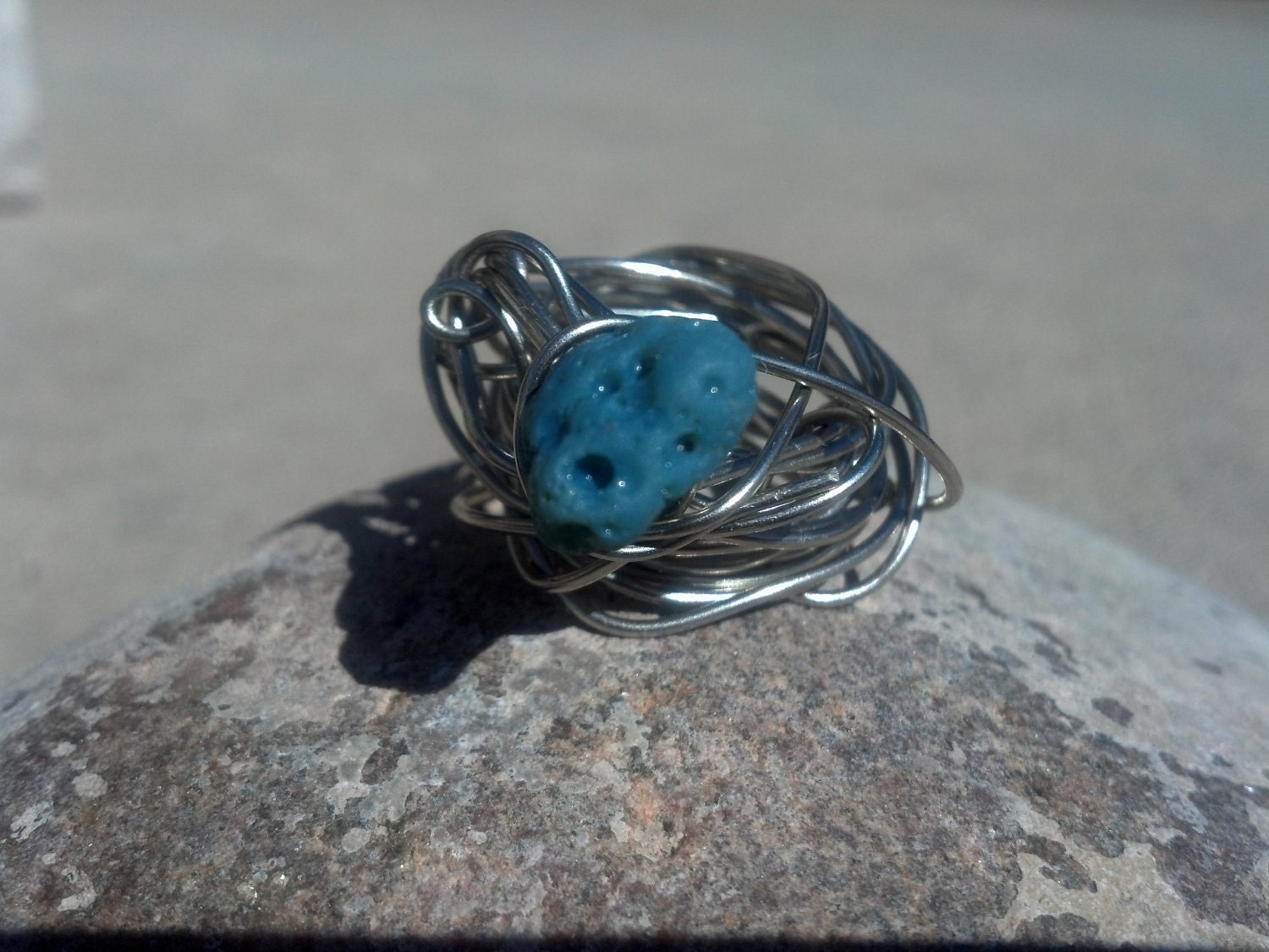 Blue Beauty Beach Stone Ring Alpaca Silver  BIG chunky US size 8