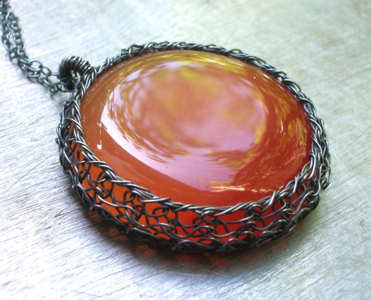Carnelian Necklace Oxidized Fine Silver Wire Crochet Pendant OOAK