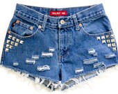 Studded Shorts, Vintage Distressed High Waisted Denim W27