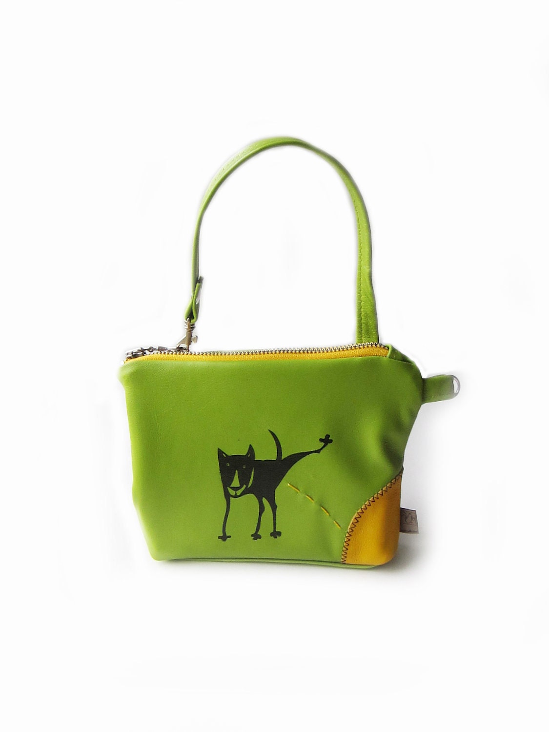 leather purse peeing dog pouch lime green screenprint bag