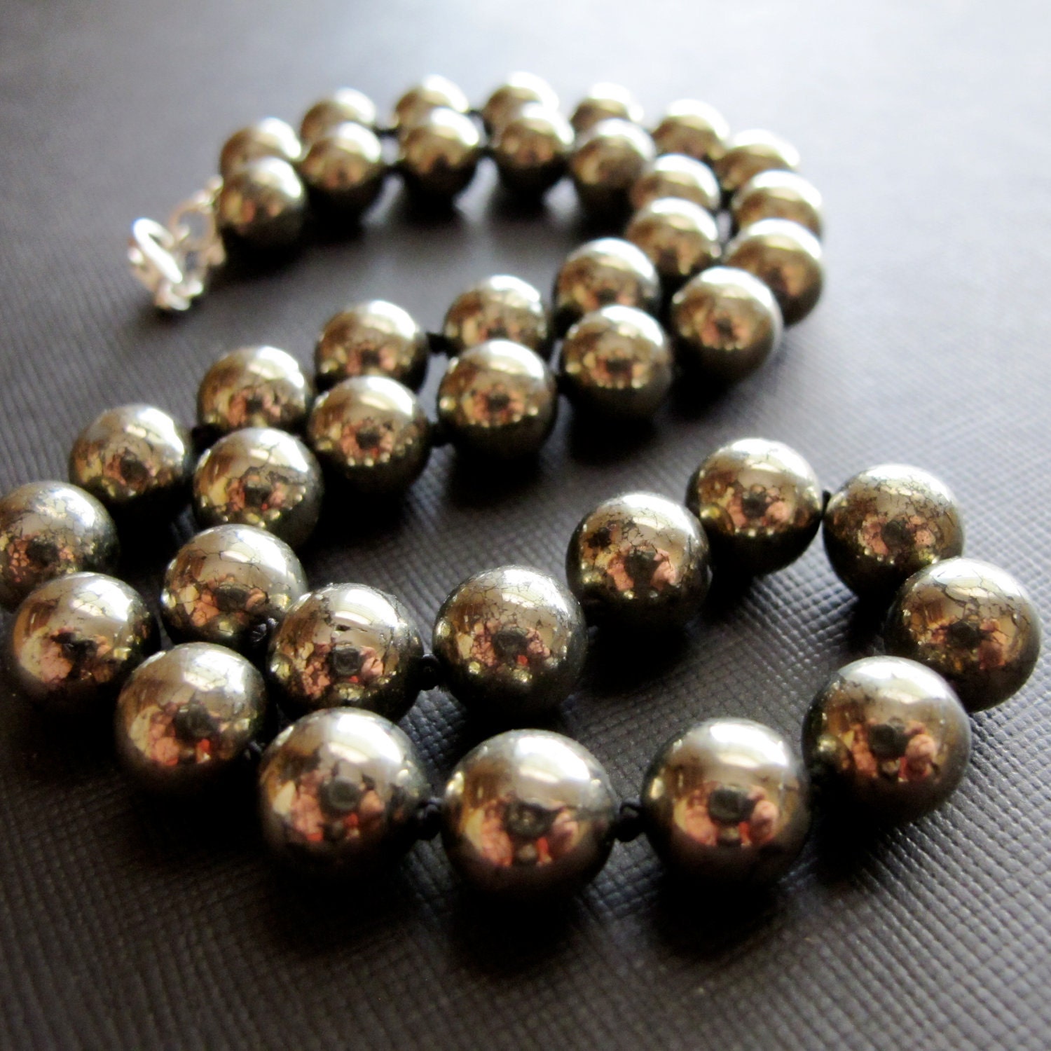 Pyrite Hand Knotted Necklace Round Bead Silk Cord Necklace...Moderna