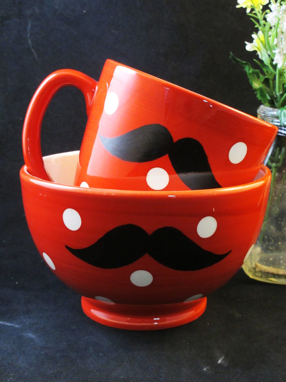 Kiln Fired Good Morning Mustache Mug and Bowl Breakfast Set Red Polka Dots- Handpainted - kaoriglass