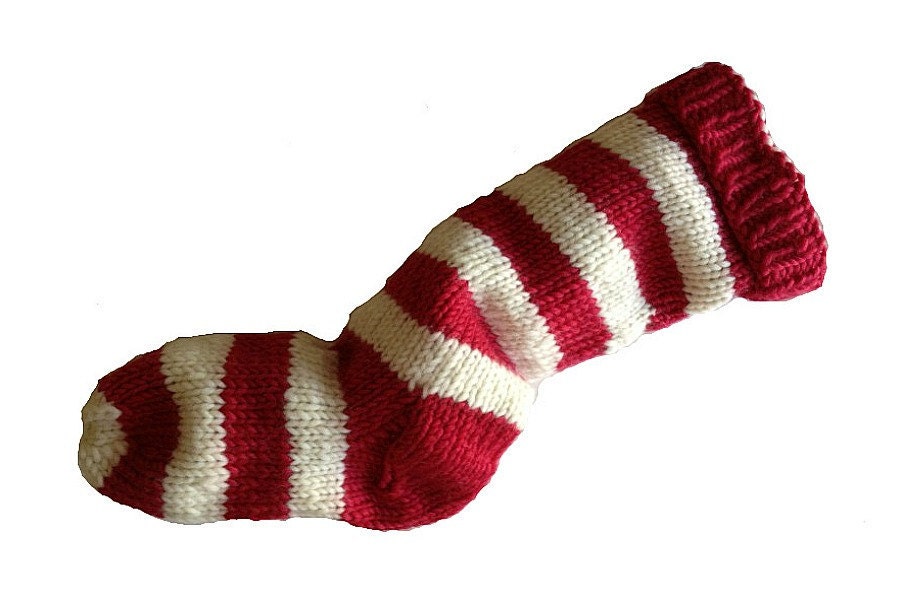 Christmas Stocking Hand Knit Red and Natural White Striped Santa Sock