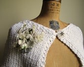 Knit white capelet. Millinery Flower Brooch. Vintage Glass button.
