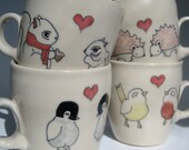 Personalized Wedding Gift- Engagement Gift- Set of Four Handmade to Order Ceramic Mugs- Combo of Animals in Love with Text of Your Choice