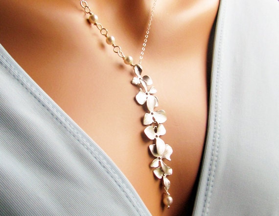Orchids Necklace,Swarovski Pearls Necklace,Sterling Silver,Orchids Cascade Wedding,Bridal Jewelry,Bridesmaids Gift