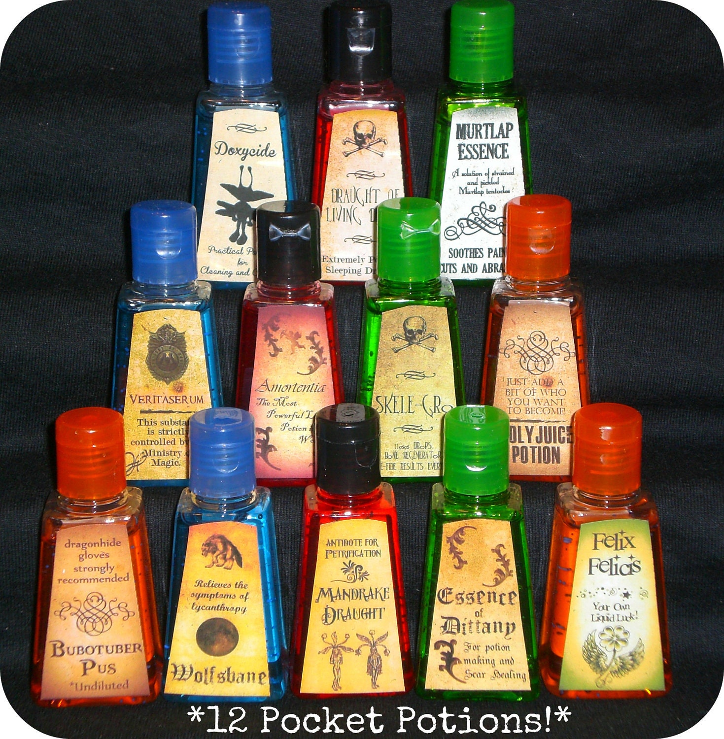 Twelve Different Harry Potter Inspired Anti-bacterial Hand Sanitizers in Mini Potions Bottles