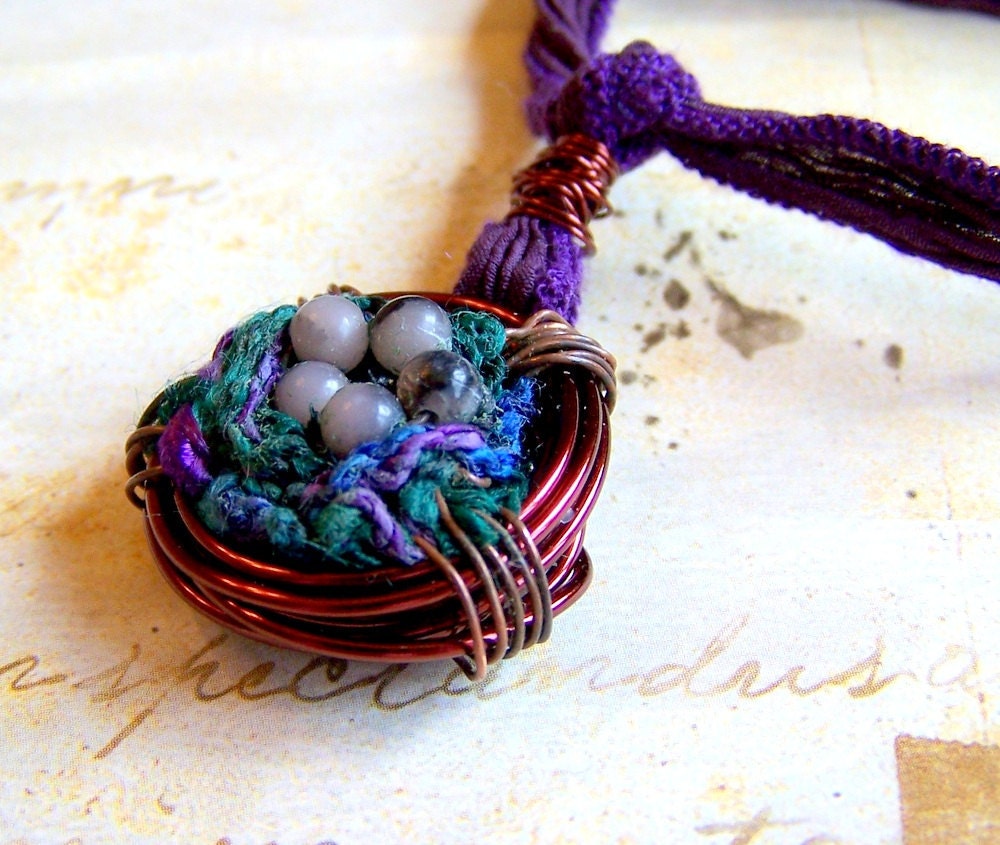 Bird Nest Pendant Necklace, Wire Wrapped Fiber Nest, Purple and Rose Hand Dyed Silk Ribbon - acottagehearth
