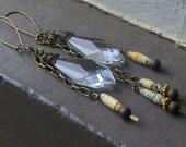 Our Lady of Sorrows. Vintage Chandelier Crystal and paper Hymnal bead chain fringe rustic earrings