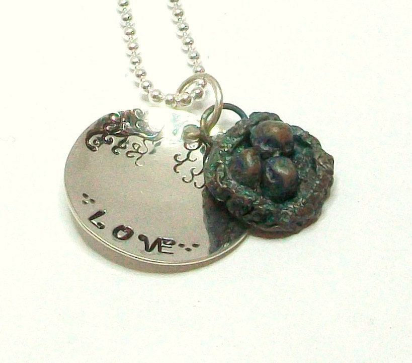 Mothers Necklace Verdigris Bird Nest Sterling Love Charm