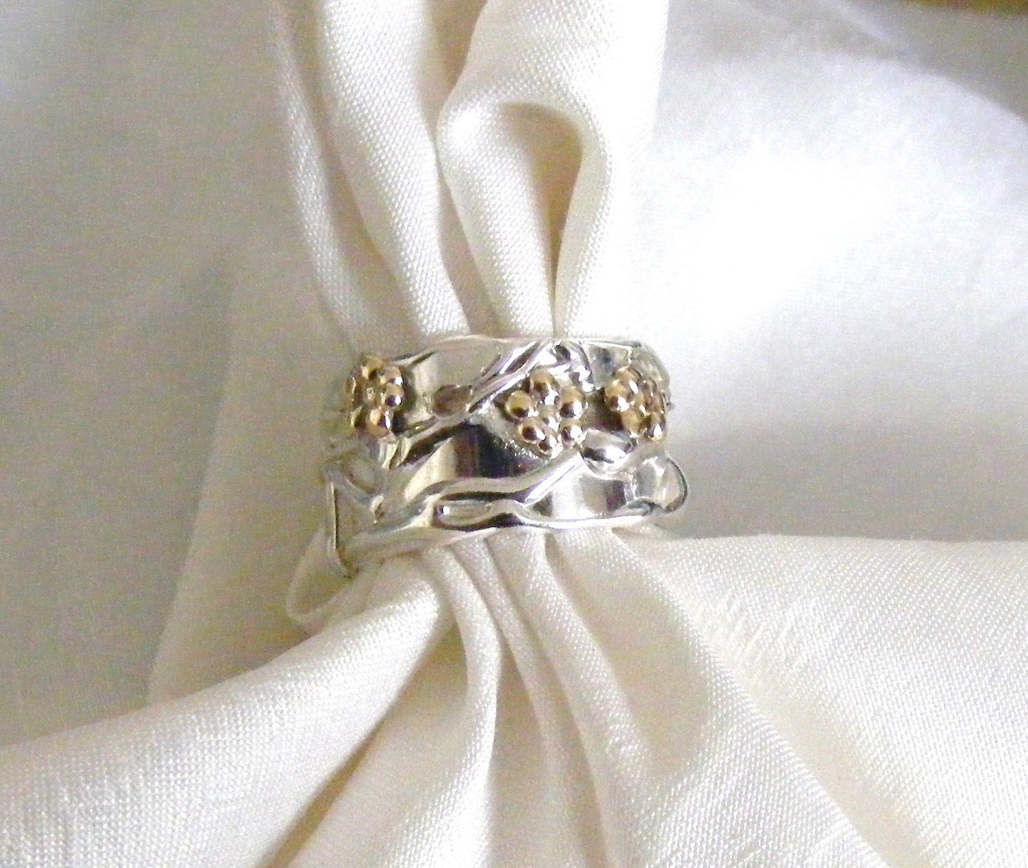 Hand made Silver Band Ring with 3 gold flowers Size L (US Size 5 1/2)