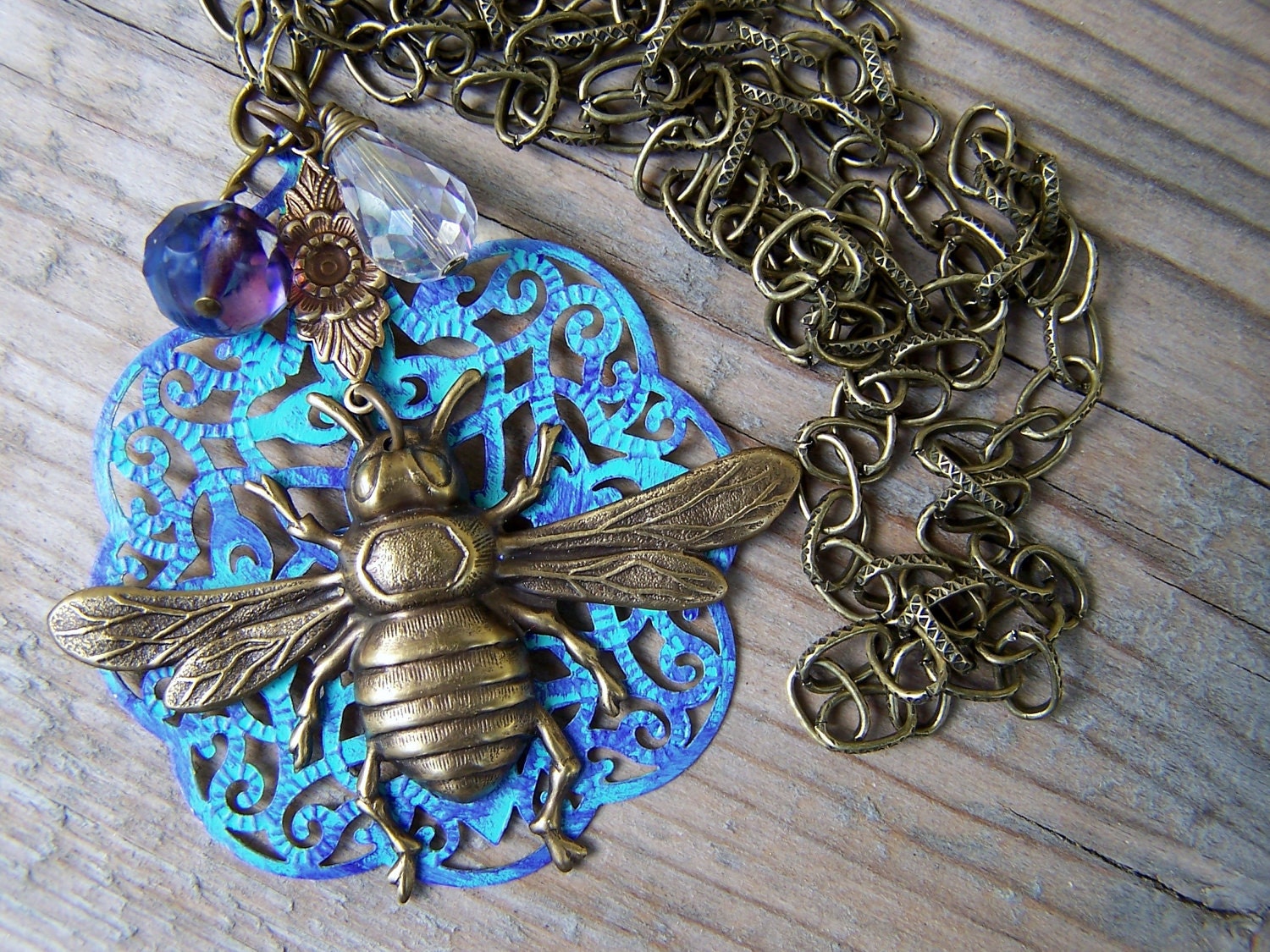 Vintage Brass Bumble Bee Crystal Filigree Necklace - gristmilldesigns