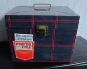 Vintage Porta File Metal File Box in Blue Jeans Motif with a Key