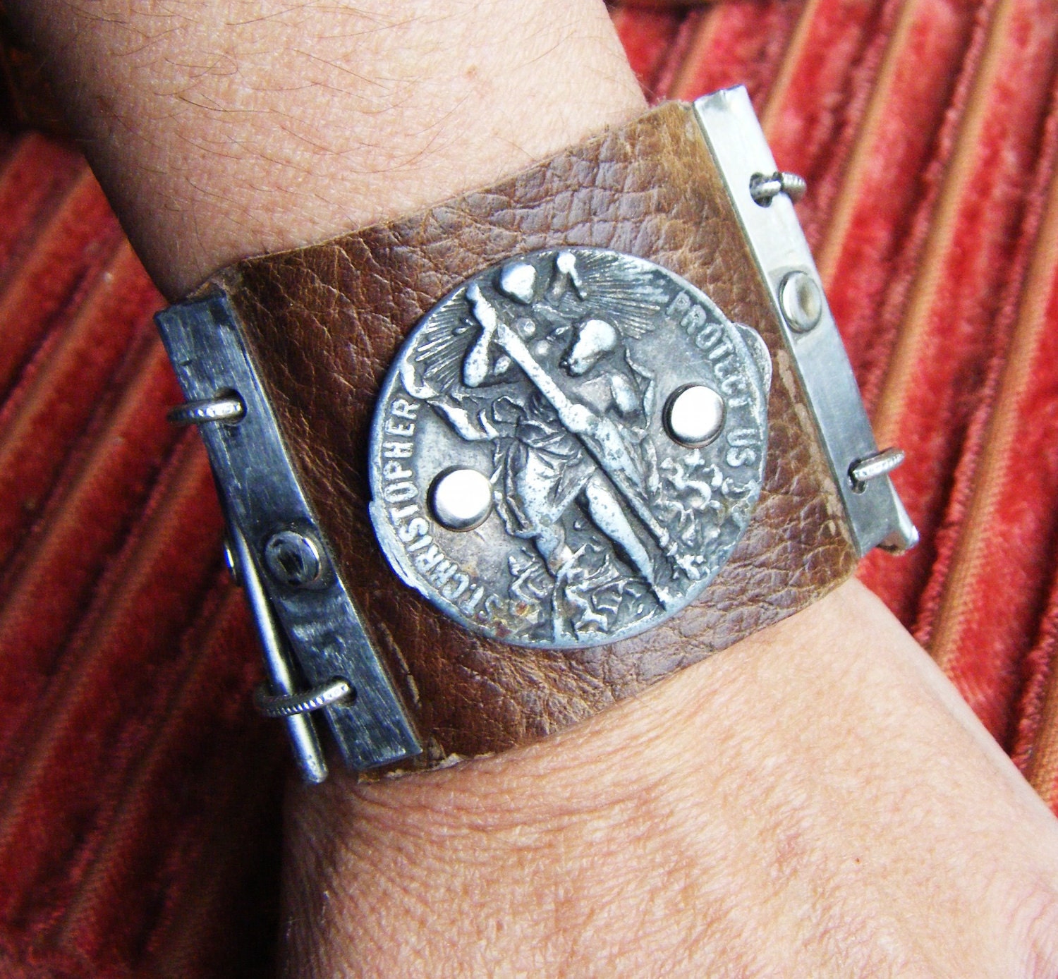 St. Christopher cuff religious leather link bracelet antique silver cross jewelry assemblage one of a kind