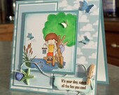 Childs Birthday Card, Boy Catching Minnows on the Dock